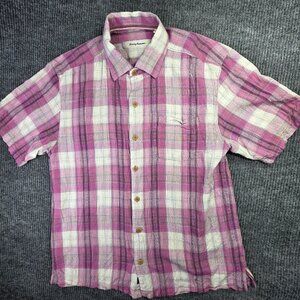 Tommy Bahama Silk Camp Shirt Mens L Pink Plaid Weave Short Sleeve Preppy Casual